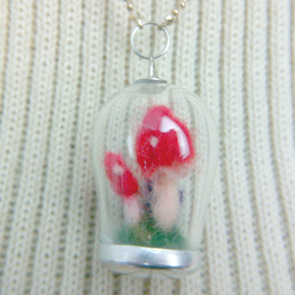 felt miniature mushroom terrarium pendant necklace